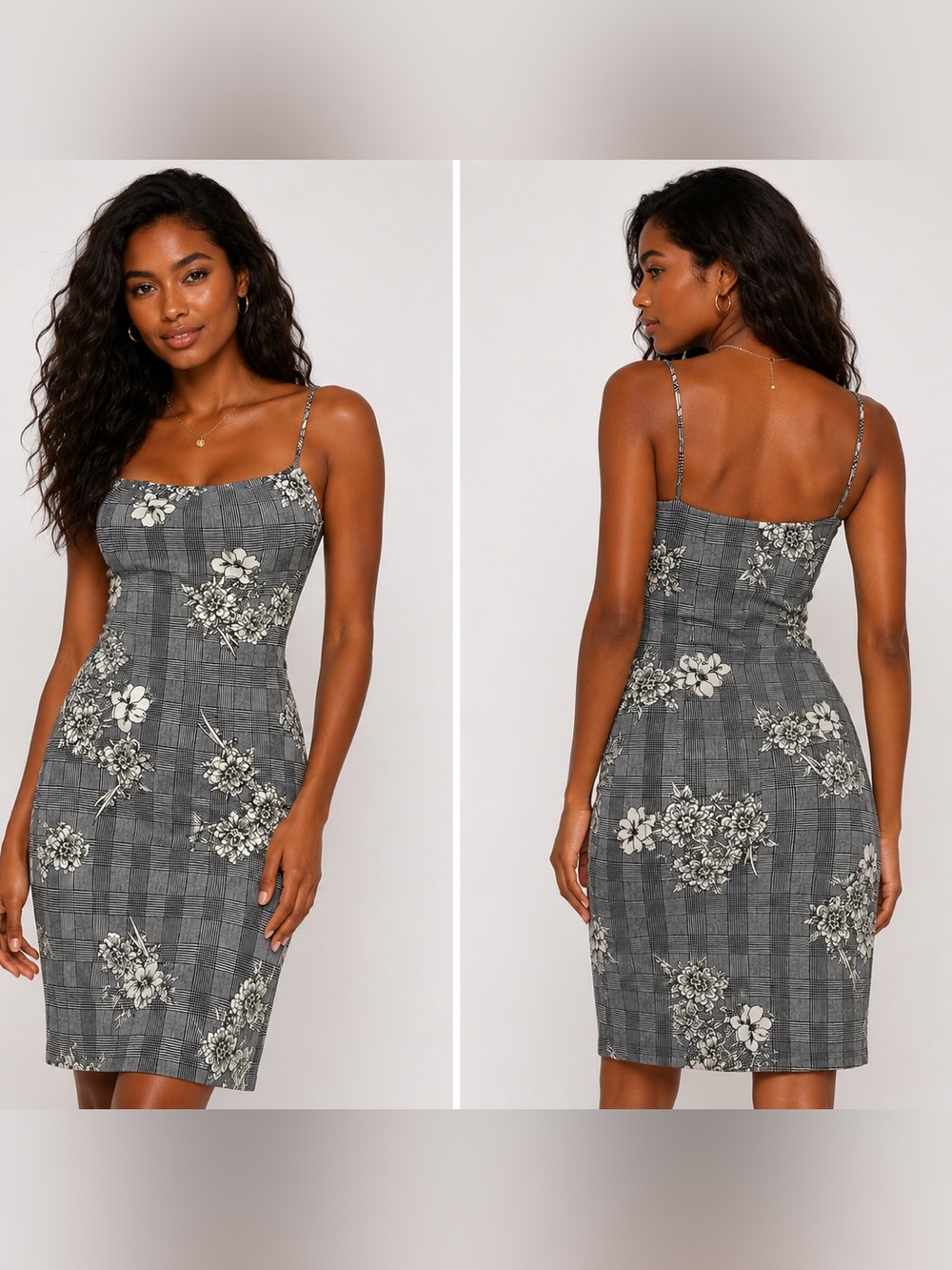 Floral Plaid Bodycon Dress - Gray
